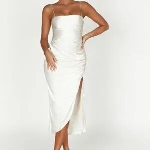 NWT Meshki Claudette Satin Drape Midi Slit Dress in Ivory White Size S